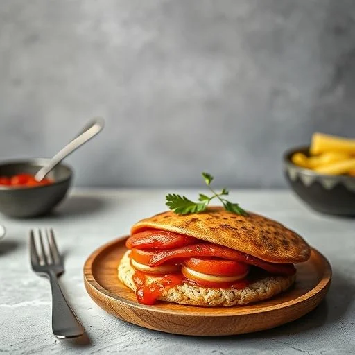 A close-up, beautifully lit composition of fresh, vibrant, organic ingredients. Perhaps a hand-picked cluster of heirloom tomatoes on a wooden board, next to sprigs of fresh rosemary and a scattering of coarse sea salt crystals.